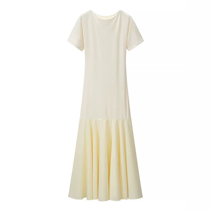 Damen Maxikleid mit kurzen Ärmeln, figurumspielendem Oberteil und ausgestelltem Volant-Saum Drune
