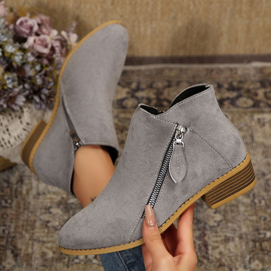 Damen Moderne Kurzschaft-Stiefelette mit sichtbarem Metallreißverschluss und niedriger Holzoptik-Blocksohle Drune
