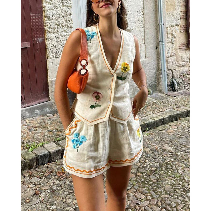 Damen Set aus ärmellosem Blusenkleid und Shorts mit floralem Design Drune