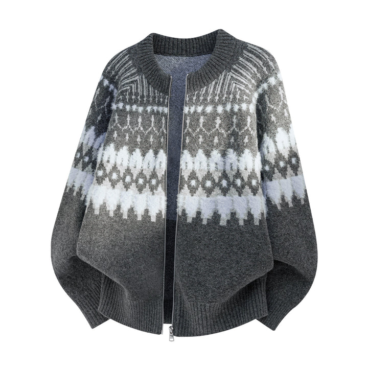 Damen Oversize Strick-Poncho mit Reißverschluss und norwegischem Jacquardmuster Drune