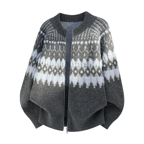 Damen Oversize Strick-Poncho mit Reißverschluss und norwegischem Jacquardmuster Drune