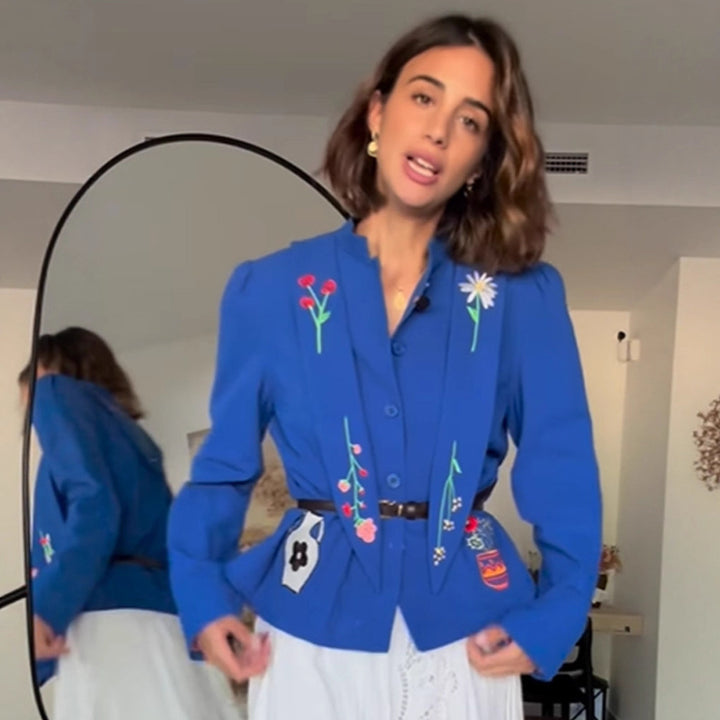 Damen Bestickte taillierte Kurzjacke mit Schößchen und Gürtel Drune