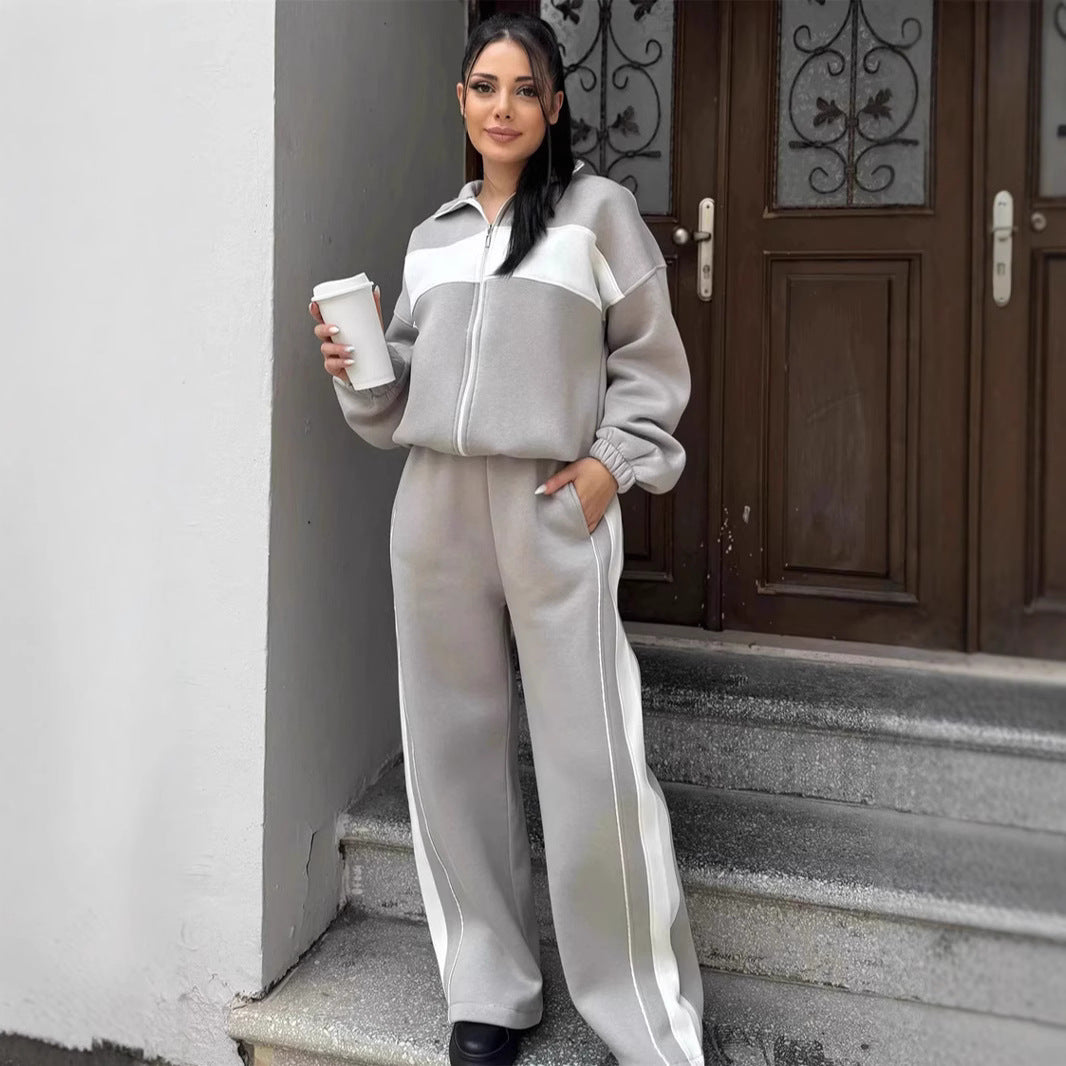 Damen Komfortables Campus-Lounge-Set mit kurzem Reißverschluss-Top und Seitenstreifen-Jogger Drune
