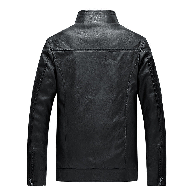 Herren Slim-Fit Kunstleder-Motojacke mit Stehkragen und gesteppter Ärmelpasse Drune