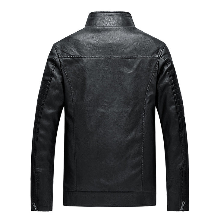 Herren Slim-Fit Kunstleder-Motojacke mit Stehkragen und gesteppter Ärmelpasse Drune