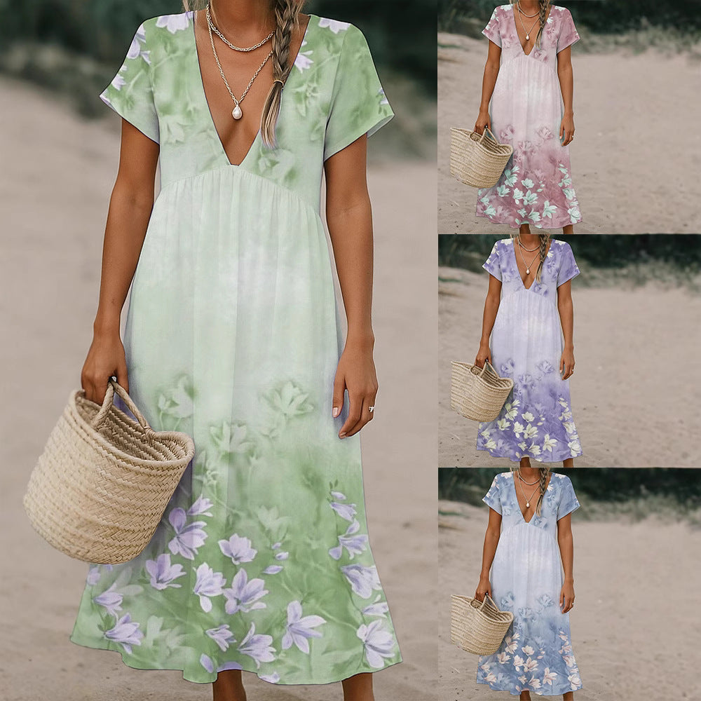 Damen Fließendes Maxi-Kleid mit tiefem V-Ausschnitt und floralem Muster Drune