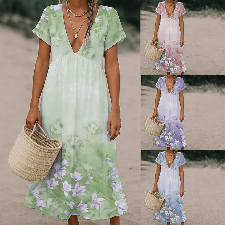 Damen Fließendes Maxi-Kleid mit tiefem V-Ausschnitt und floralem Muster Drune