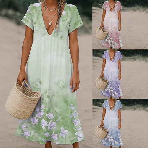 Damen Fließendes Maxi-Kleid mit tiefem V-Ausschnitt und floralem Muster Drune