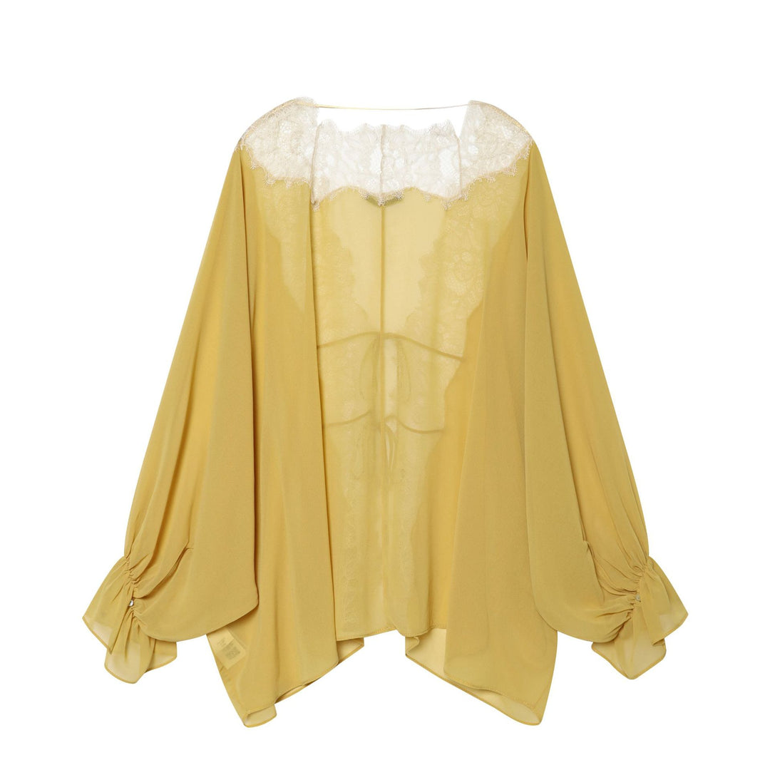 Damen nan transparente Chiffon-Kimono-Bluse mit feiner Spitzenkante, Kordelbindung und gerafften Ärmeln Drune