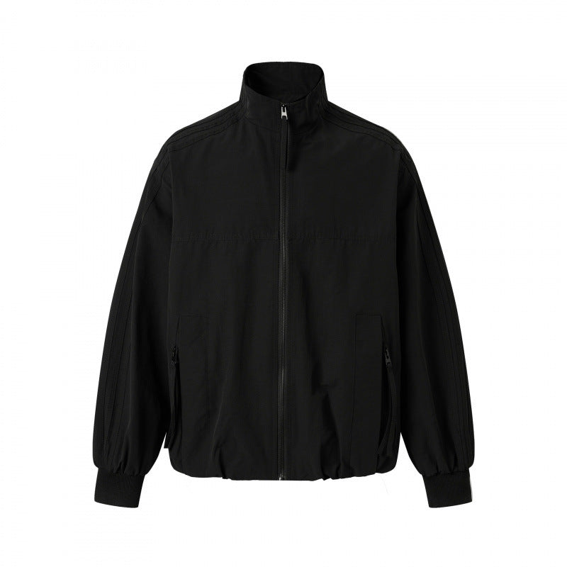 Unisex Leichte Boxy-Outdoorjacke im Trackstil mit hohem Stehkragen, Reißverschlusstaschen und elastischem Saum Drune