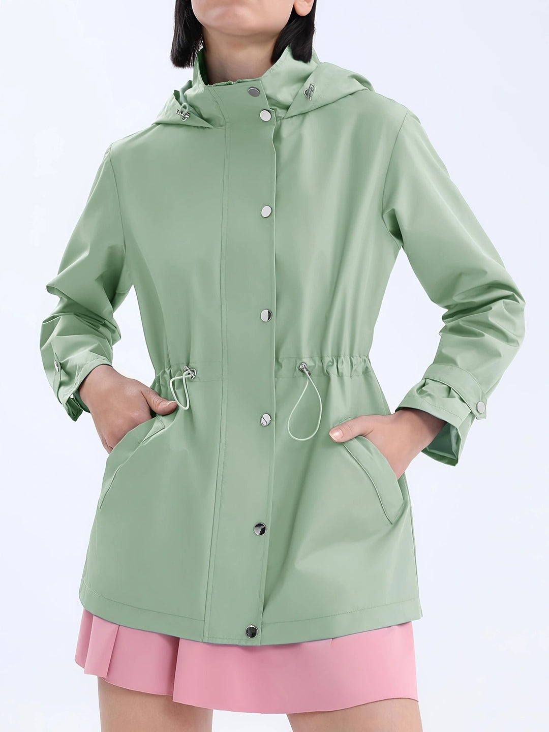 Damen funktionale Übergangsjacke mit verstellbarem Bund und Kapuze Drune