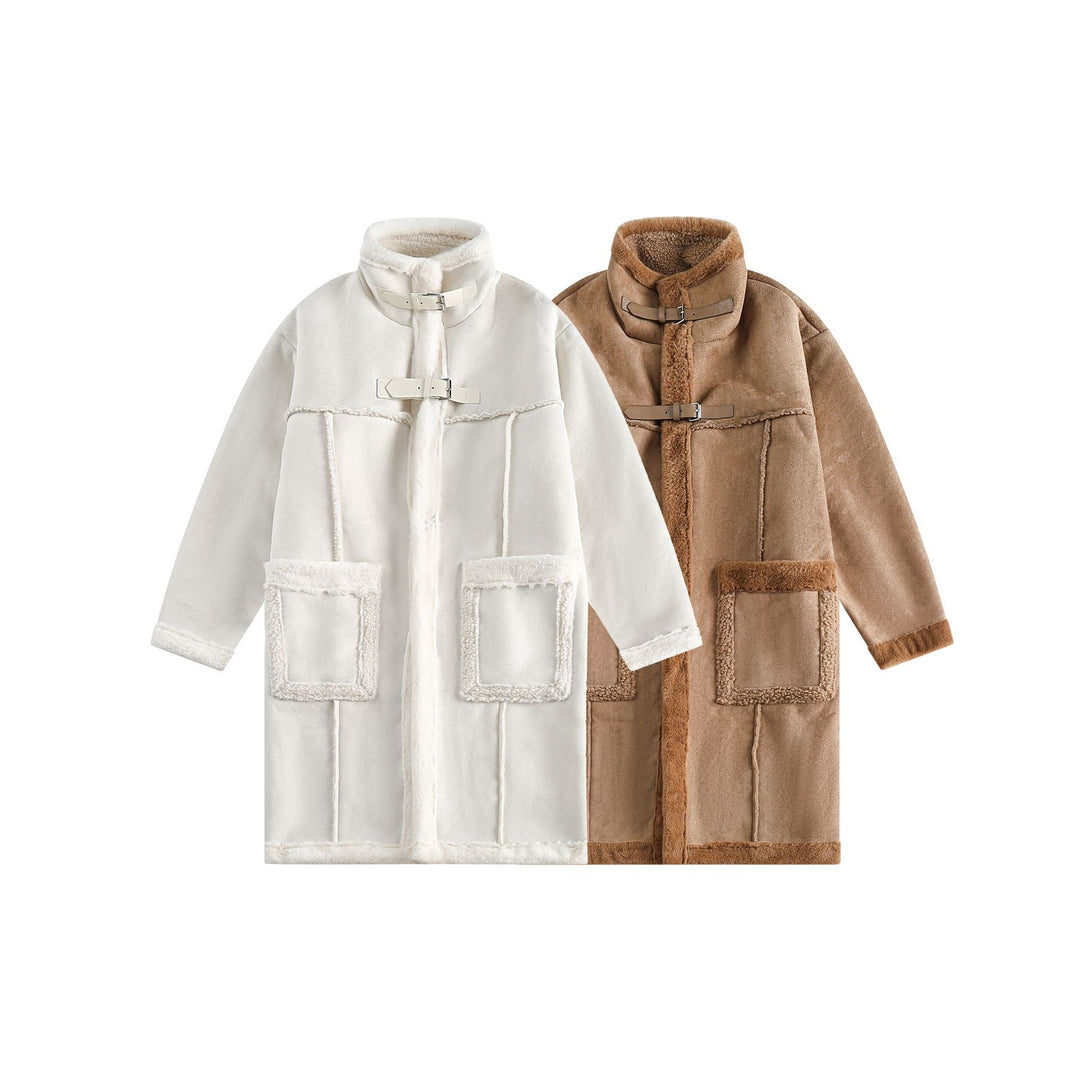 Damen Langer Oversize Lammfell‑Imitat Mantel mit Stehkragen und Schnallenverschluss Drune