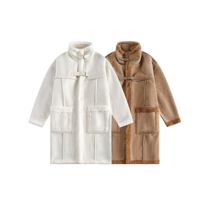 Damen Langer Oversize Lammfell‑Imitat Mantel mit Stehkragen und Schnallenverschluss Drune