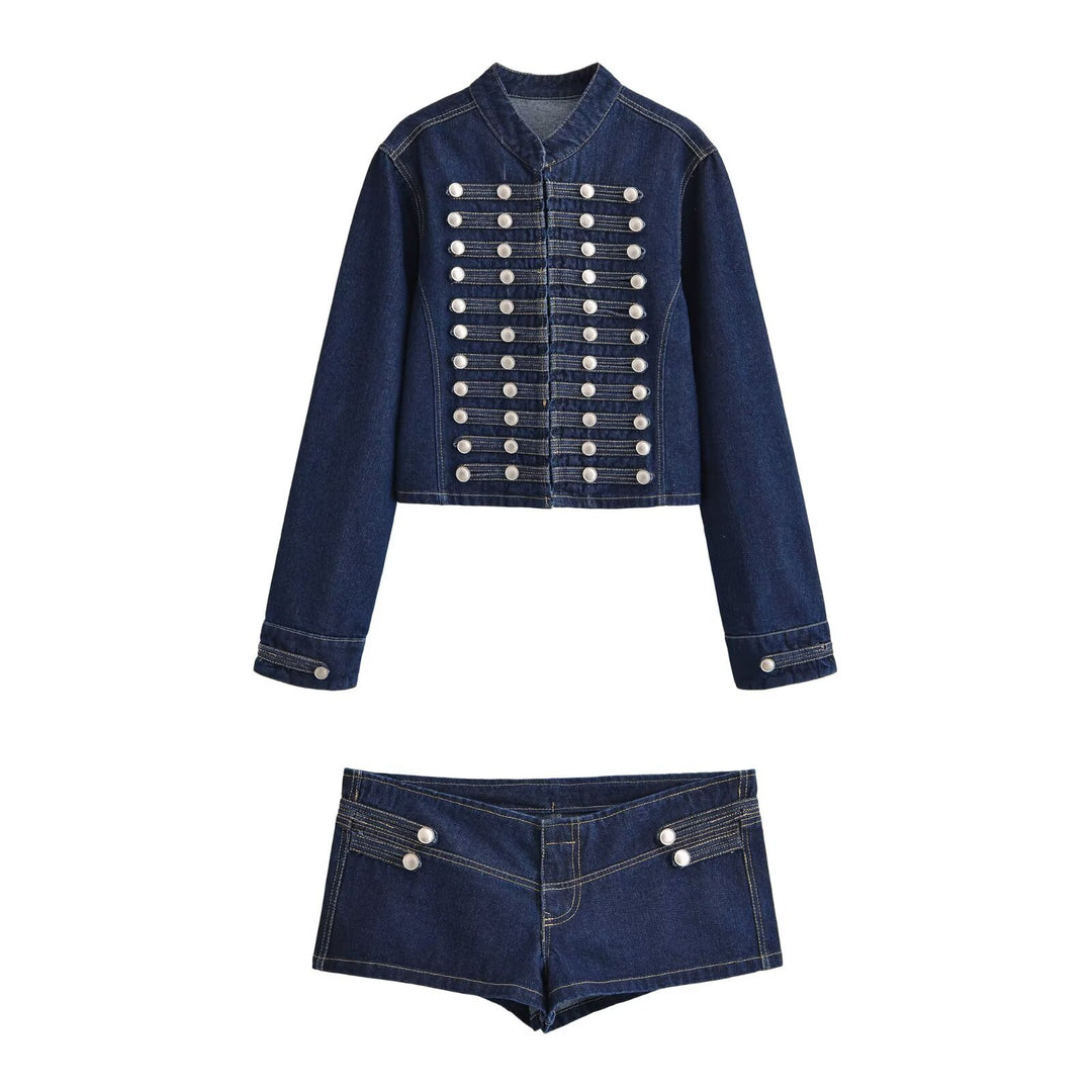Damen Jeansjacke im Military‑Stil mit Stehkragen und dekorativen Reihen‑Druckknöpfen Drune