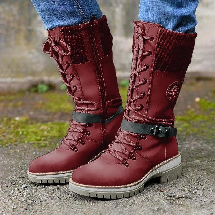 Damen nan gefütterte Schnürstiefel mit gestricktem Schaftbund, dekorativem Schnallenriemen und profilierter Gummisohle Drune