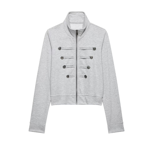 Damen Cropped-Sweatjacke mit Stehkragen und dekorativer Zierknopfleiste Drune