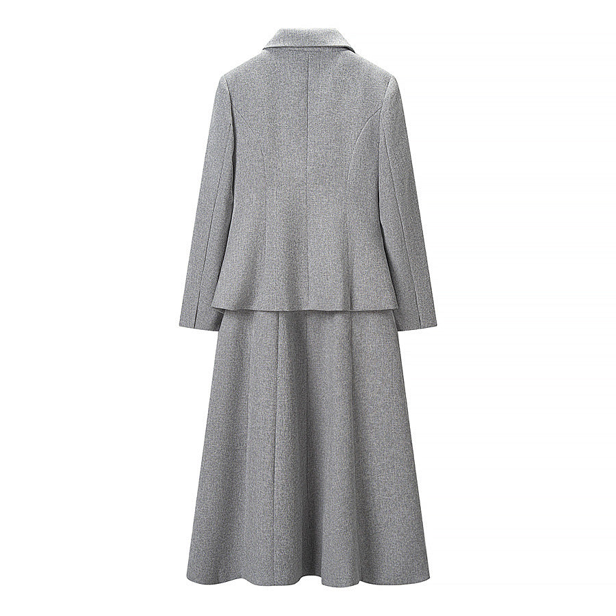 Damen Elegantes zweiteiliges Wollmisch-Kostüm mit tailliertem Kurzblazer und ausgestelltem Midirock Drune