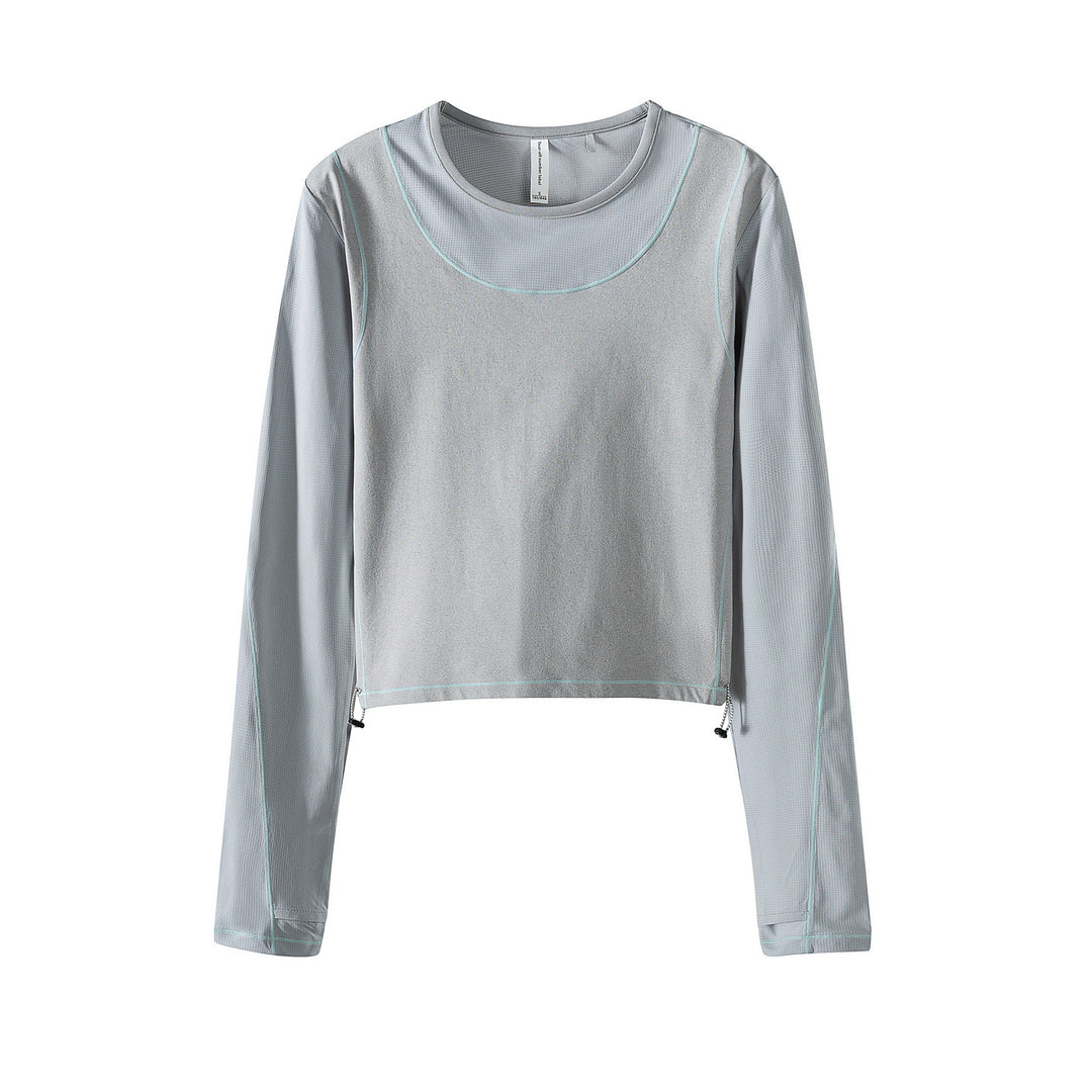 Damen Leichtes cropped Layering-Longsleeve mit Mesh-Ärmeln, Kontrastnähten und Kordelzug Drune