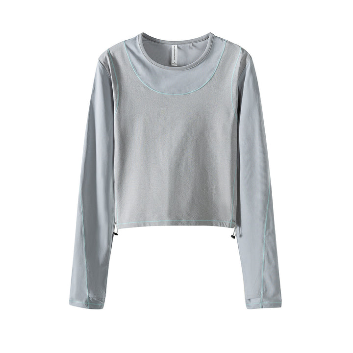 Damen Leichtes cropped Layering-Longsleeve mit Mesh-Ärmeln, Kontrastnähten und Kordelzug Drune