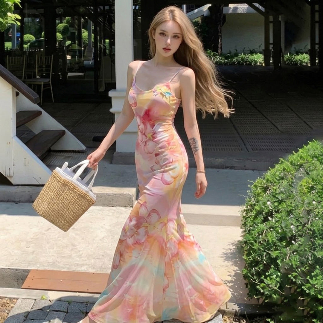 Damen Maxikleid mit floralem Design und Spaghettiträgern Drune