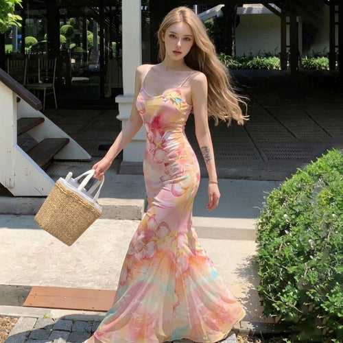 Damen Maxikleid mit floralem Design und Spaghettiträgern Drune