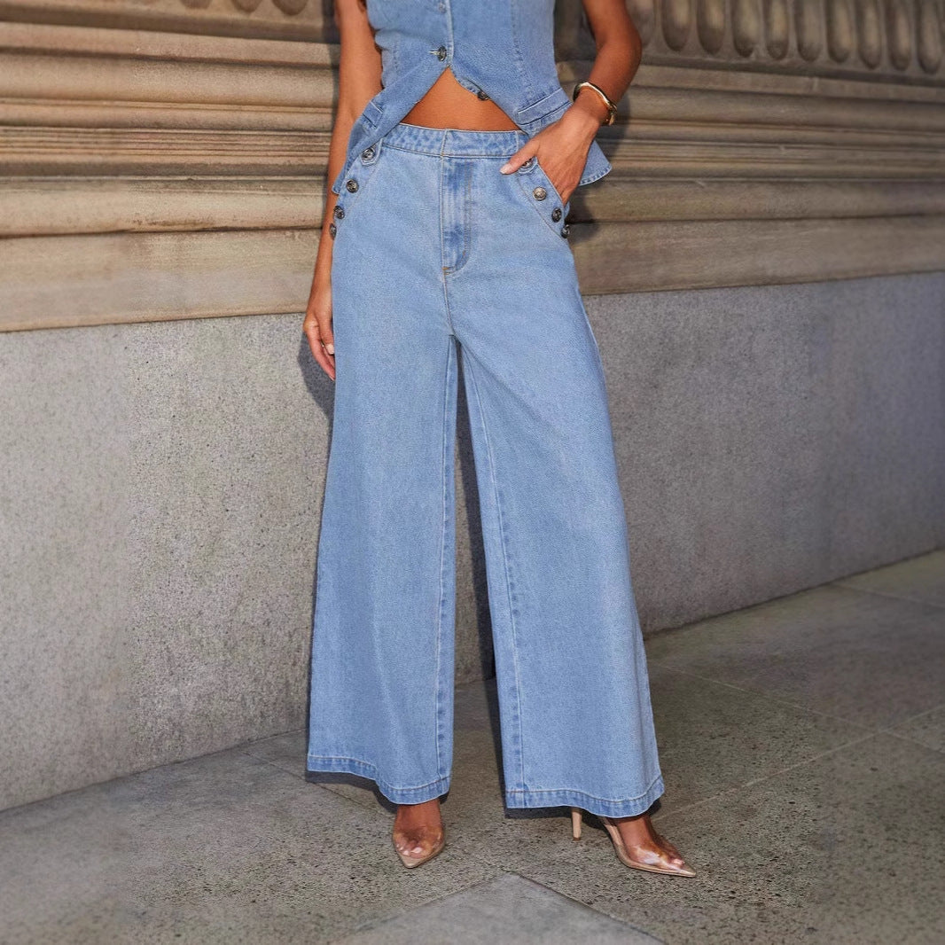 Damen nan weit geschnittene Highwaist Denimhose mit seitlicher Knopfleiste und weitem Bein Drune