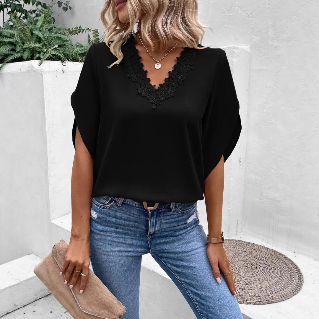 Damen Elegante V-Ausschnitt Bluse mit floraler Spitzenkante und Fledermausärmeln Drune