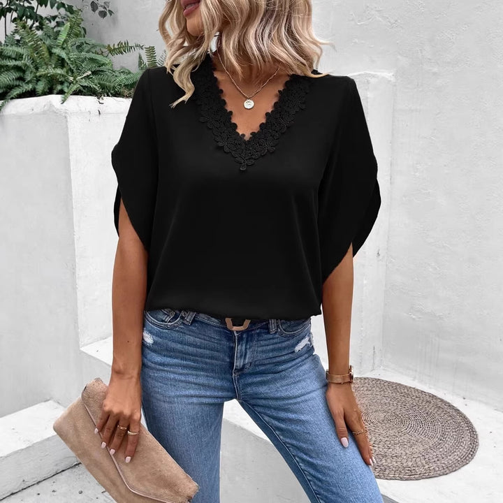 Damen Elegante V-Ausschnitt Bluse mit floraler Spitzenkante und Fledermausärmeln Drune