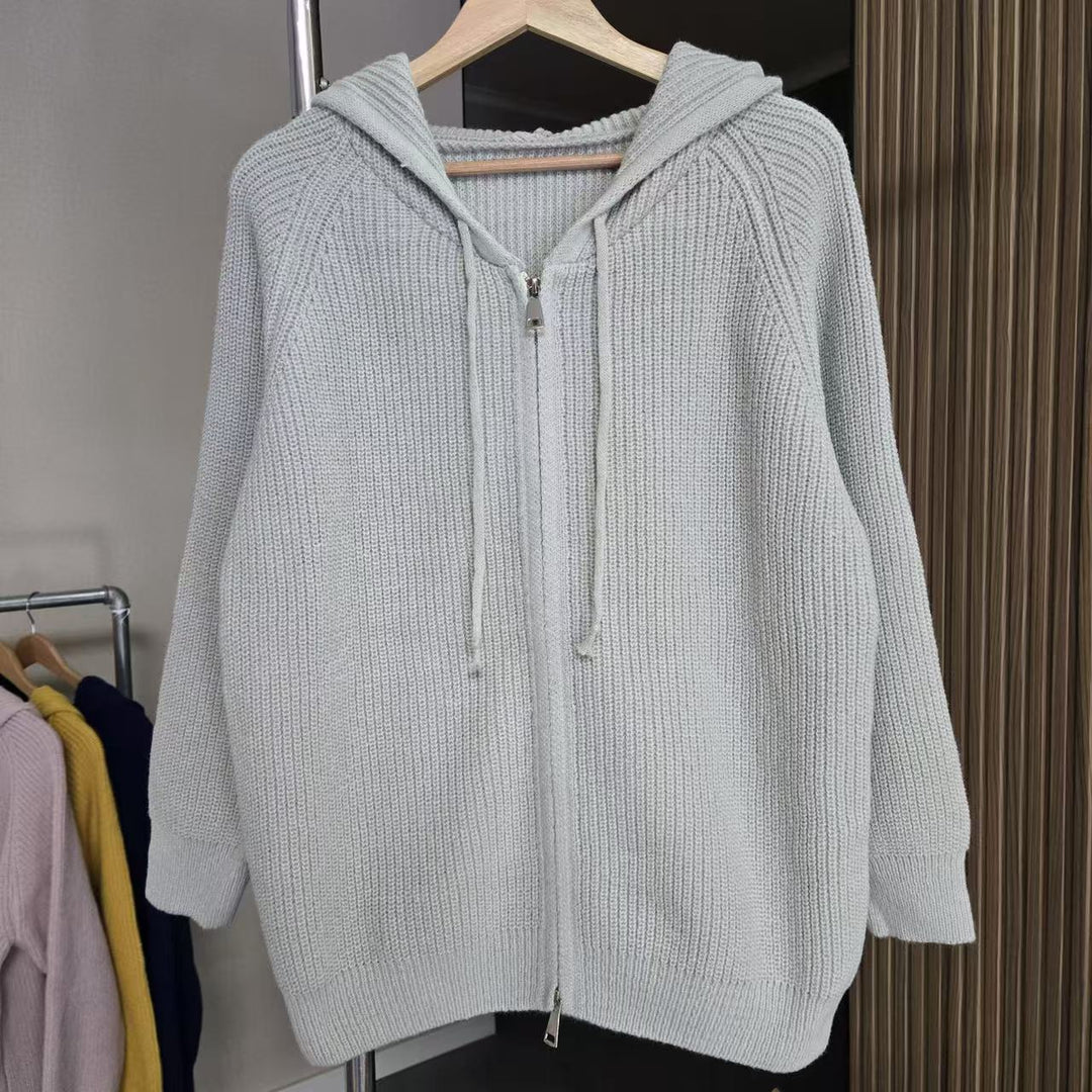 Damen gemütlicher Strick-Hoodie mit durchgehendem Reißverschluss und Kordelzug Drune