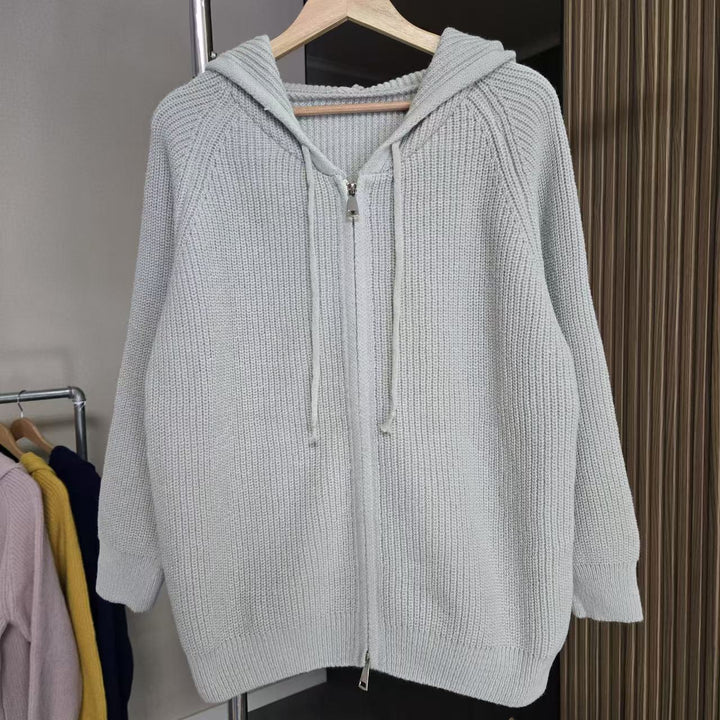 Damen gemütlicher Strick-Hoodie mit durchgehendem Reißverschluss und Kordelzug Drune