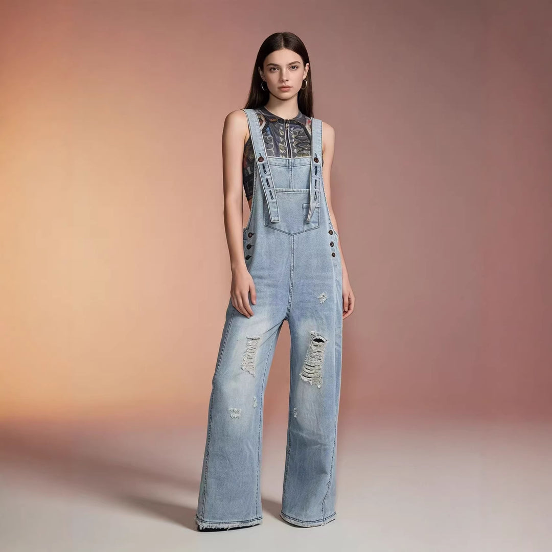 Damen nan moderne Baggy-Latzhose aus pigmentgefärbtem Stretch-Denim mit verstellbaren Trägern und sichtbaren Rissen Drune
