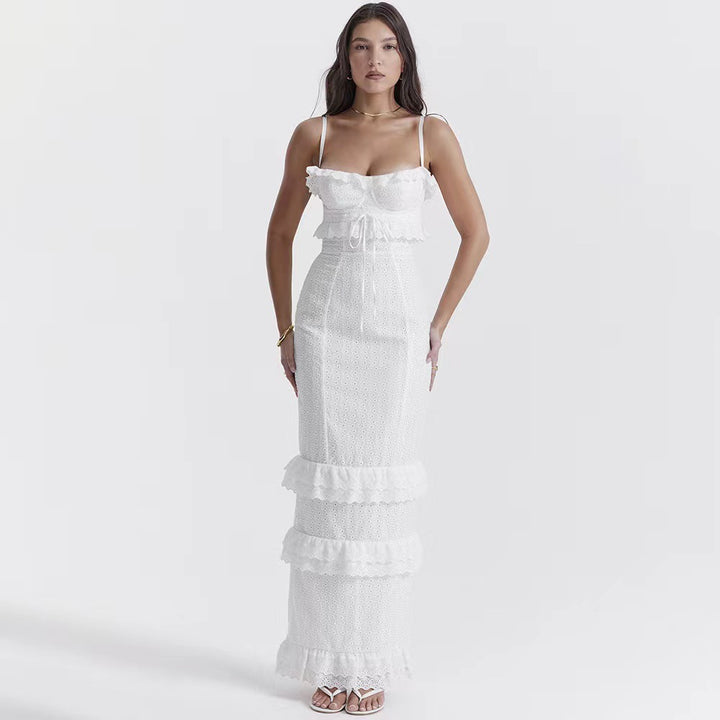 Damen elegantes Spitzen-Maxikleid mit Rüschendetails und schmalen Spaghettiträgern Drune
