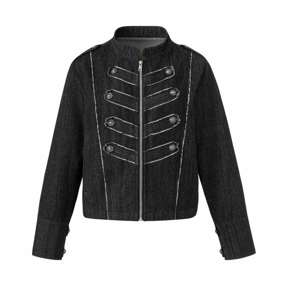 Damen Denim‑Blouson im Military‑Look mit Stehkragen und Zierknopfleiste Drune