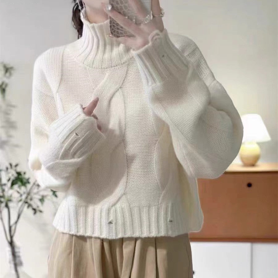 Damen Strickpullover mit hohem Kragen und Kabelmuster Drune
