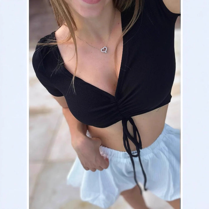 Damen Crop-Top mit modischem Raffungselement und Kordelzug Drune