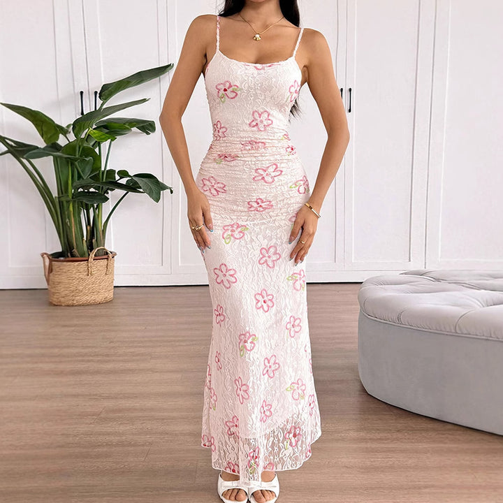 Damen Maxikleid mit floralem Spitzenmuster und verstellbaren Trägern Drune