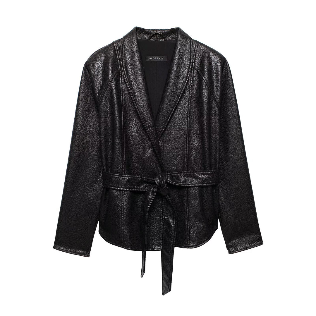 Damen Lederjacke in Lederoptik mit Bindegürtel und Schalkragen Drune