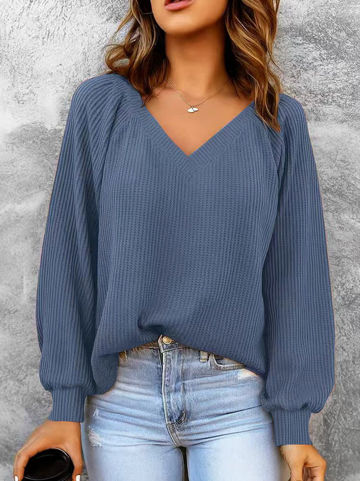 Damen Feinstruktur-Strickpullover mit V-Ausschnitt, Ballonärmeln und Rippbündchen Drune