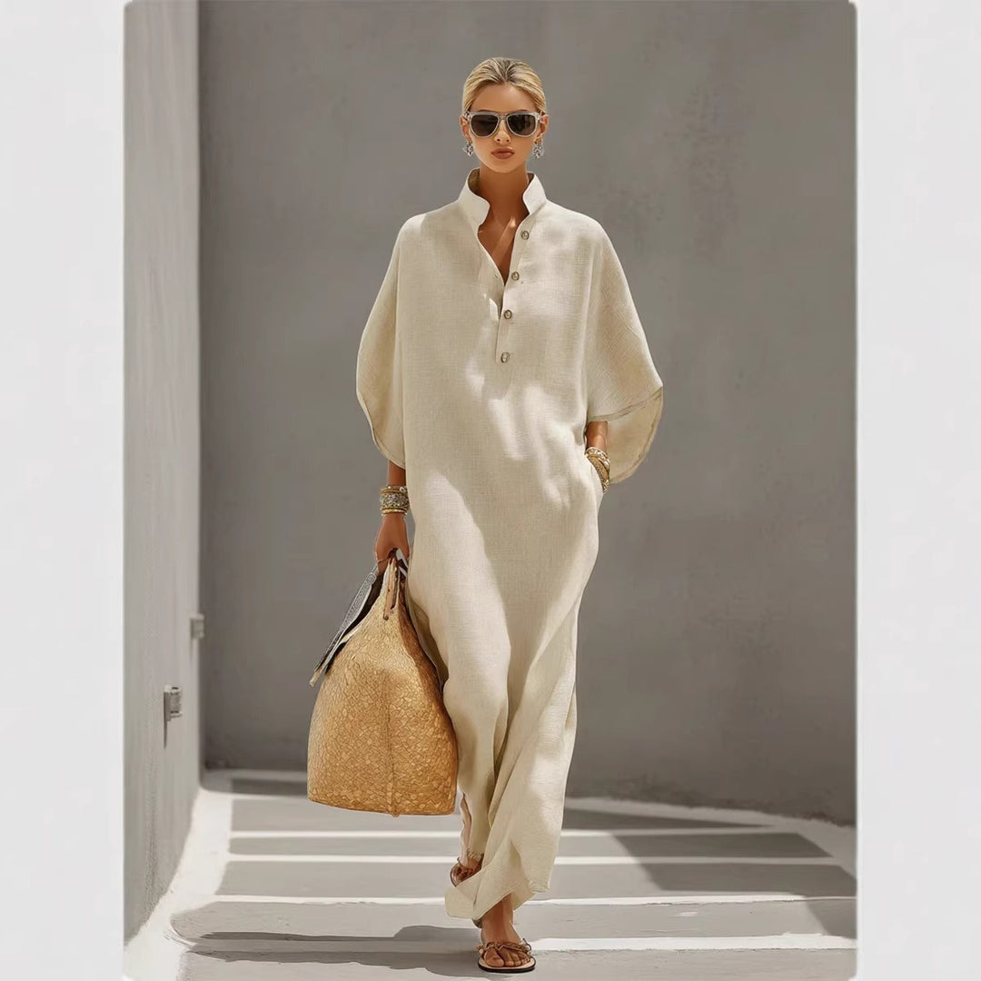 Damen Weites Kaftan-Midikleid mit Stehkragen und 3-Knopf-Blende Drune