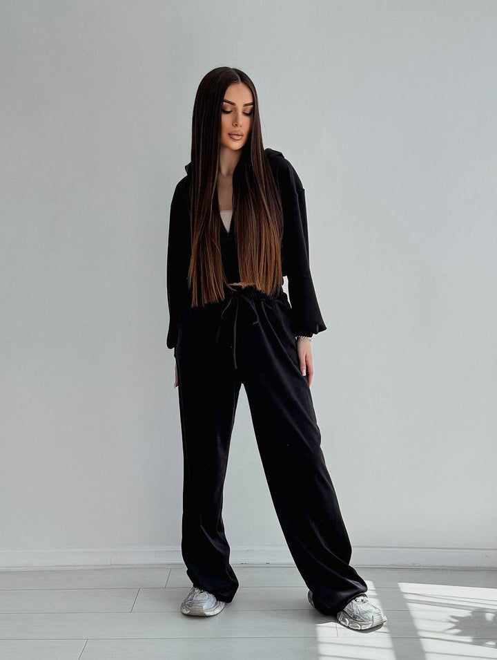 Damen Zweiteiliges Samt-Loungewear-Set mit Cropped-Zipjacke und weiter High-Waist-Sweathose Drune
