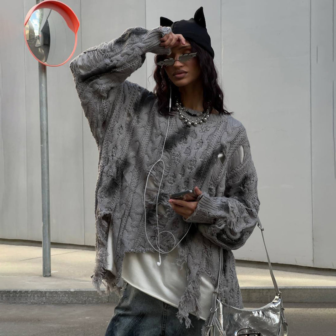 Damen Grob gestrickter Oversized Pullover mit Fransen Drune