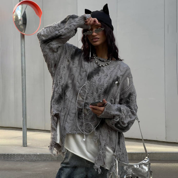 Damen Grob gestrickter Oversized Pullover mit Fransen Drune