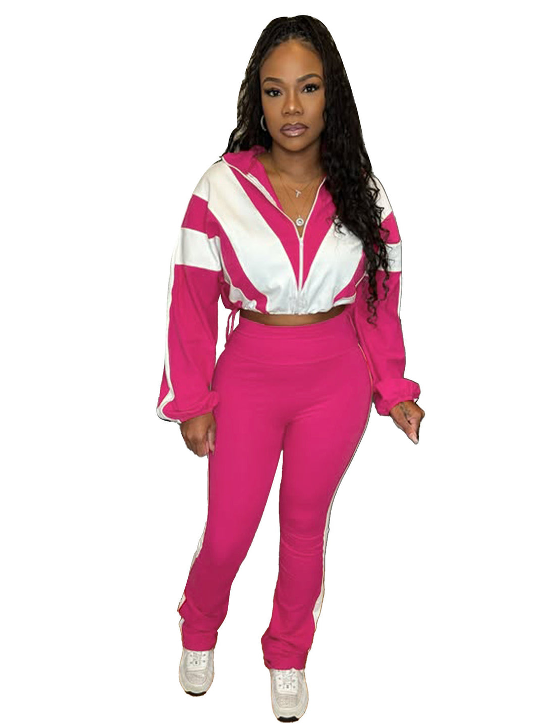 Damen retro Nylon-Trainingsanzug mit Kapuzen-Zipjacke und weiter hochgeschnittener Hose Drune