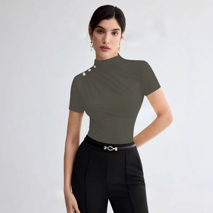 Damen elegantes Oberteil mit dekorativen Knopfdetails und modernem Stehkragen Drune