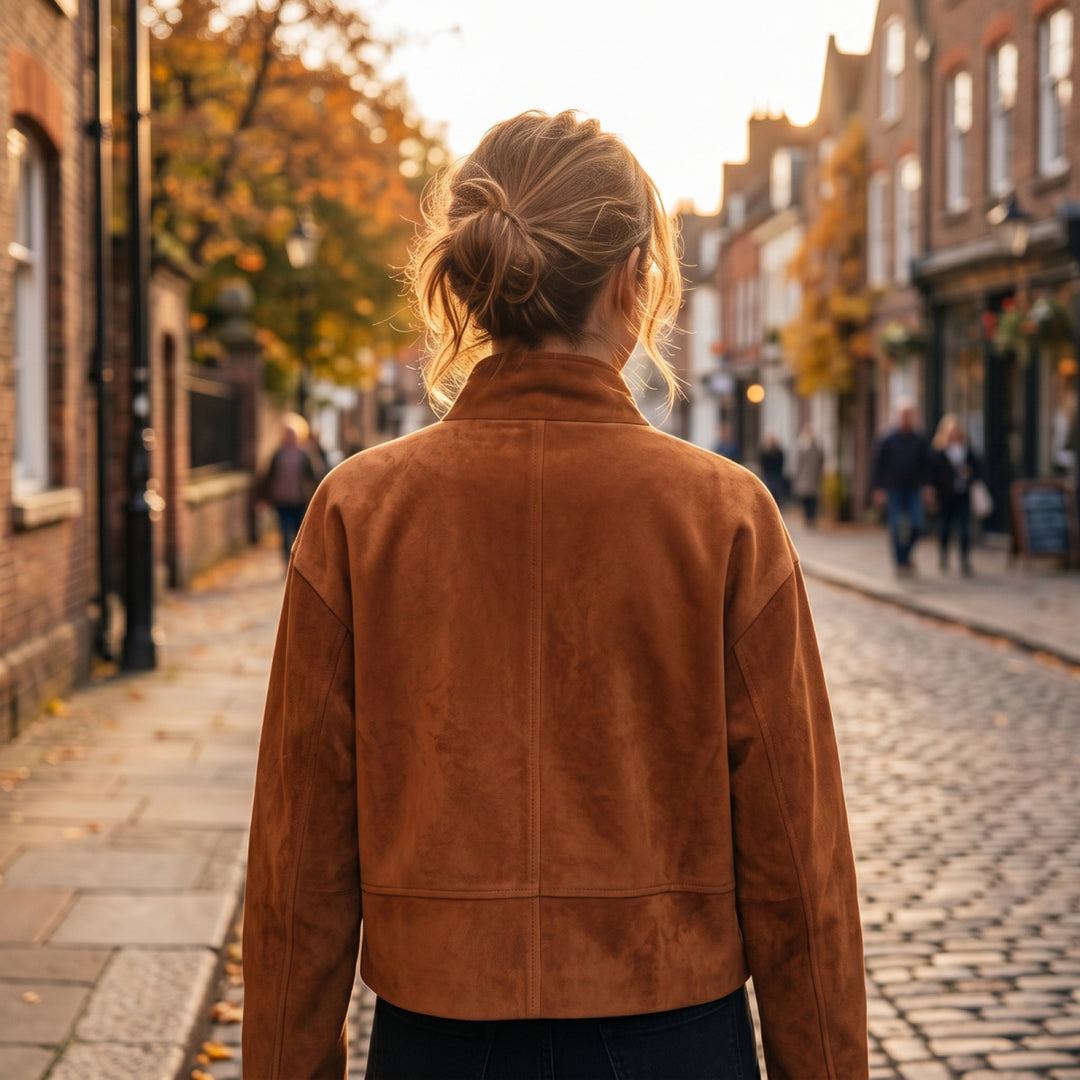 Damen Kurzjacke im Boxy-Cropped-Schnitt aus Velourslederoptik mit Stehkragen und Metallreißverschlüssen Drune