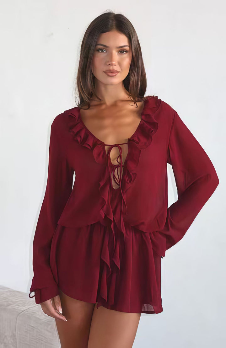 Damen Chiffonbluse mit eleganter Rüschendekoration und tiefem V-Ausschnitt Drune