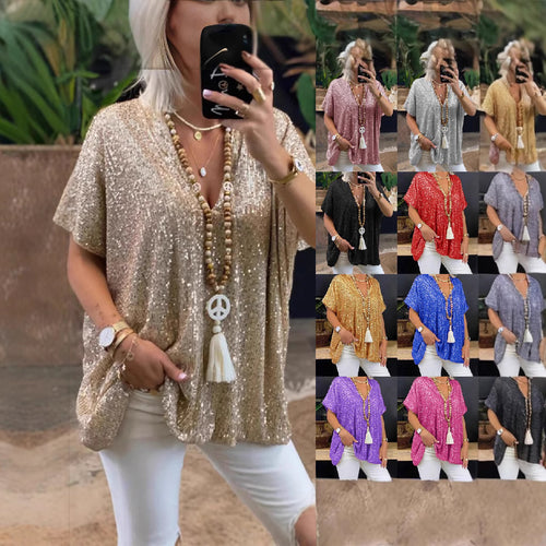 Damen Glitzerndes Tunika-Shirt mit V-Ausschnitt Drune