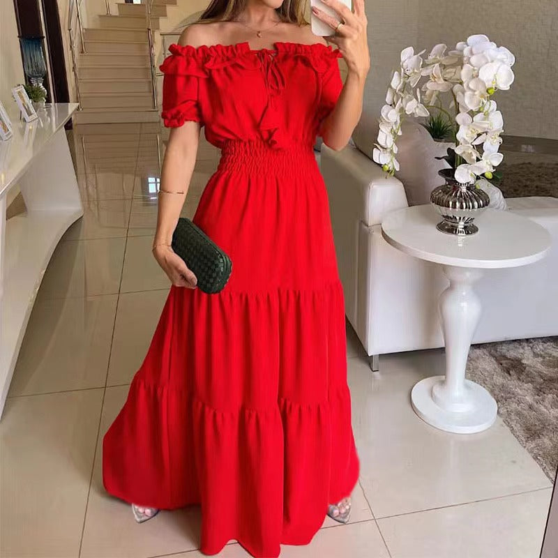 Damen Maxikleid mit schulterfreiem Design und voluminösen Rüschen Drune