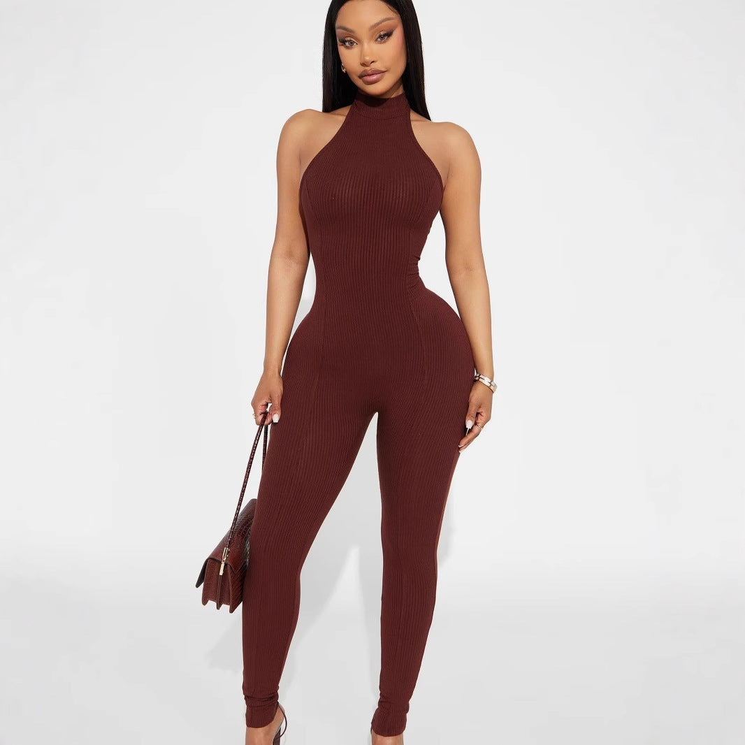 Damen figurbetonter Jumpsuit mit hohem Kragen und Rippstruktur Drune