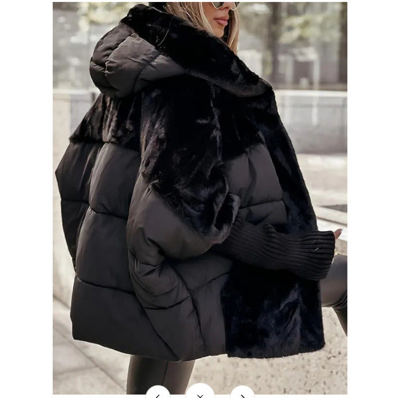 Damen nan gesteppte Kurzjacke mit Teddyfell-Einsätzen, Kapuze und integrierten Rippbündchen Drune